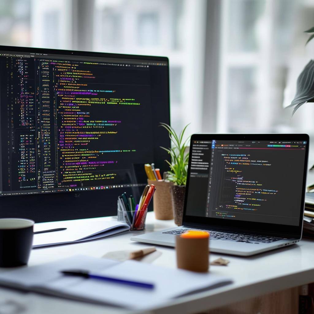 The image depicts a sleek, modern workspace featuring a large desktop monitor displaying a complex code editor filled with colorful syntaxhighlighted